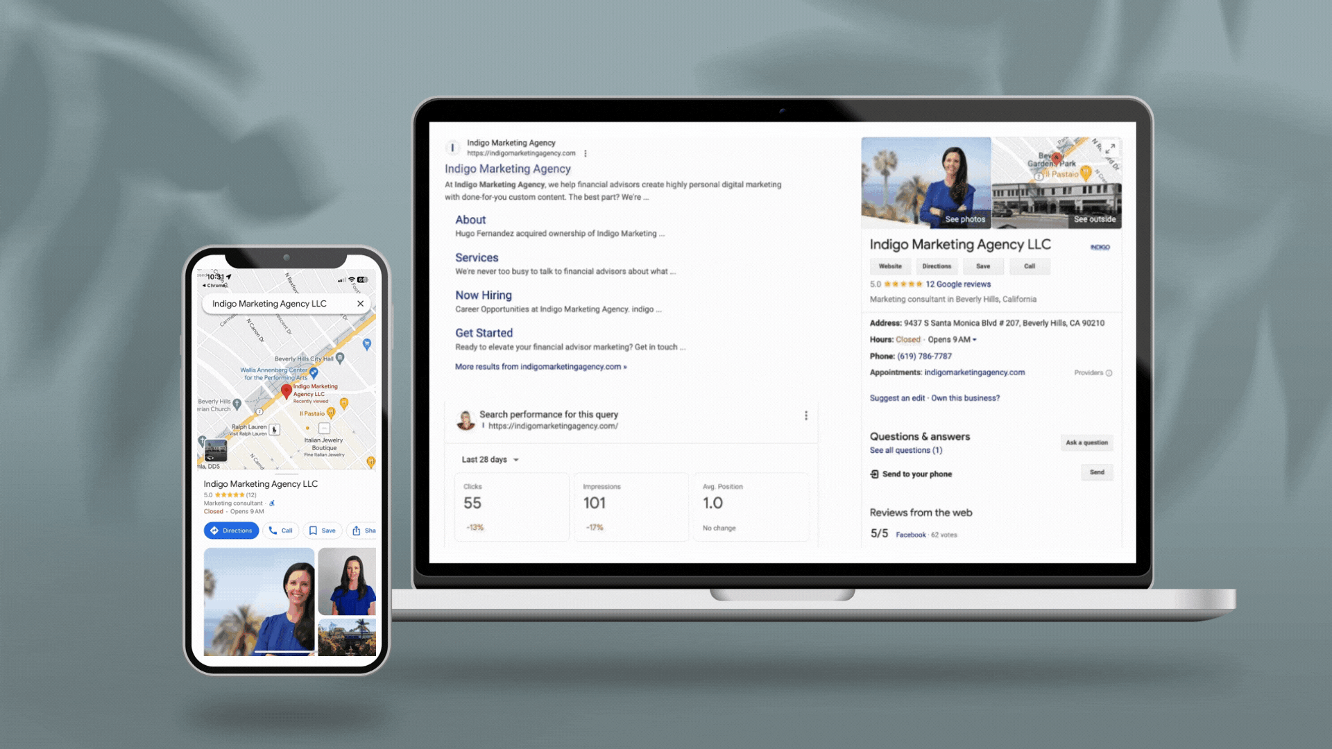 Boost Your Business With Google Business Profile: Top SEO Tips | Indigo Marketing Agency A laptop and phone displaying a Google Business Profile with high ratings and reviews, symbolizing online success for businesses.