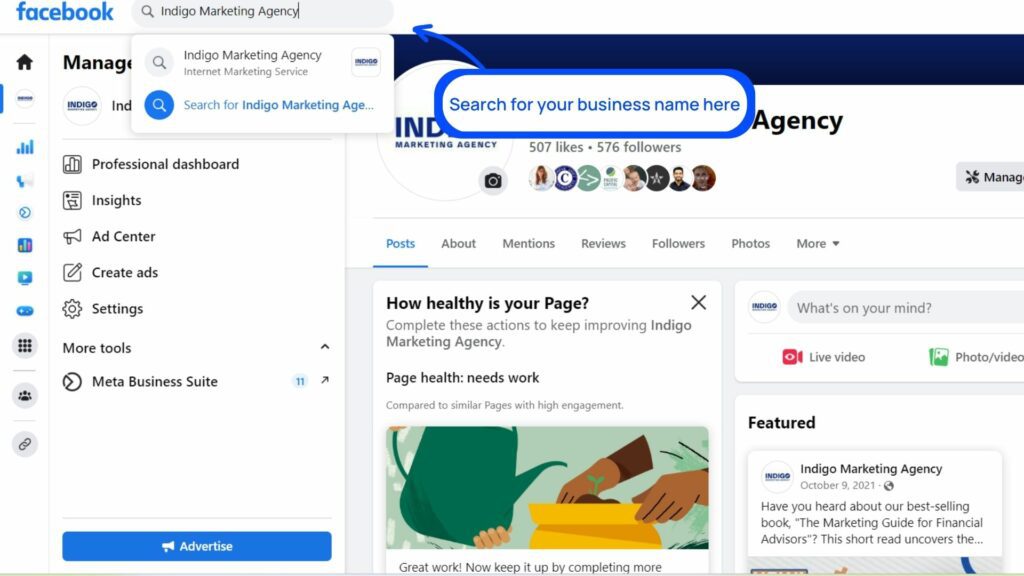 Finding your fb business page