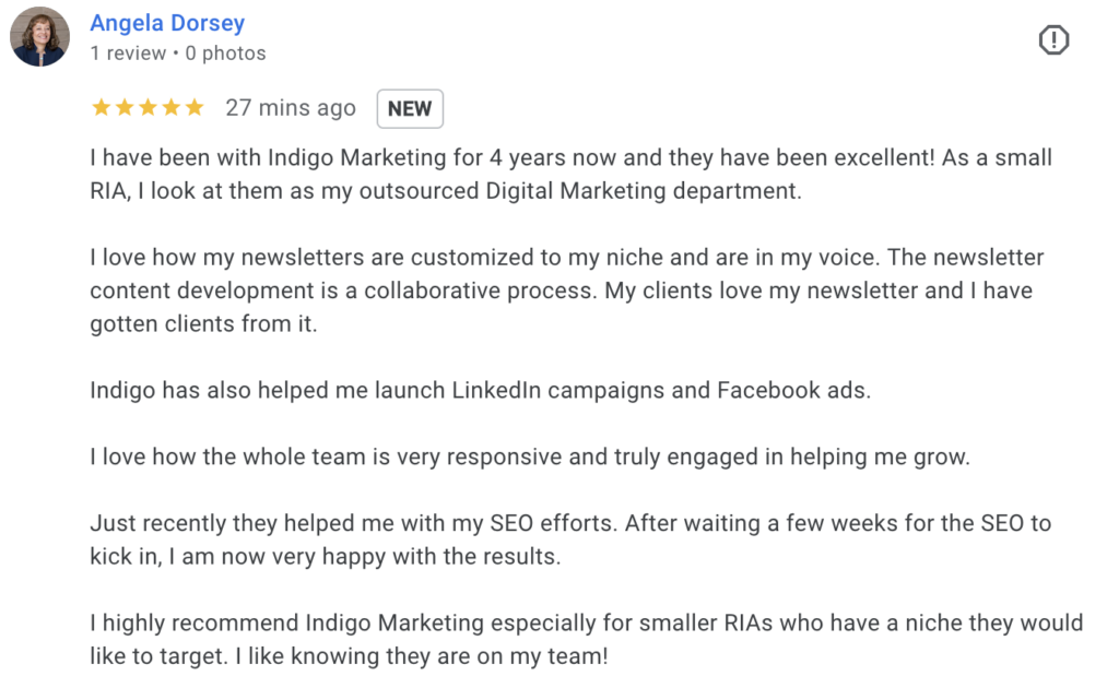 Angela Dorsey Indigo Google Review