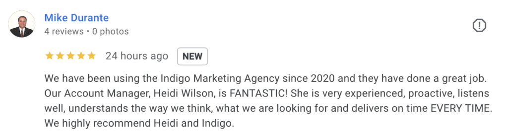 Mike Durante Indigo Google Review