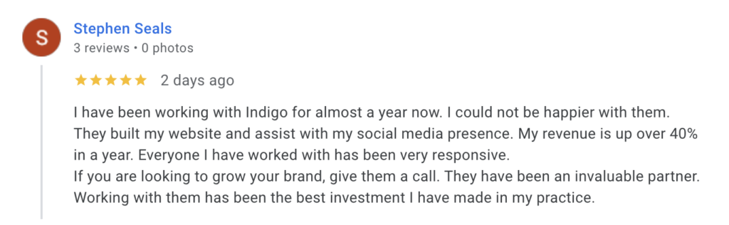 Stephen Seals Indigo Google Review
