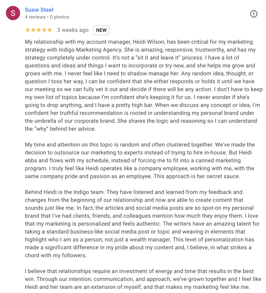 Susie Steel Indigo Google Review